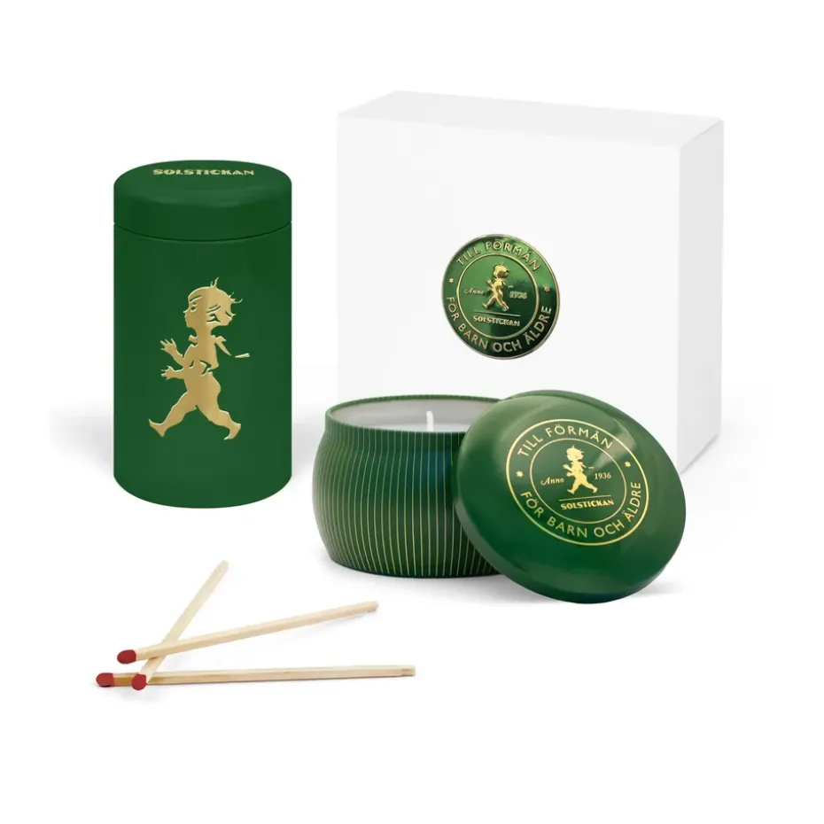 Caja de regalo Solstickan con vela aromática + bote con cerillas, Verde-vela perfumada de bosque de coníferas