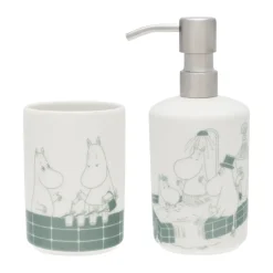 Dispensador de jabón y portacepillos de dientes Mumin, Hora del baño verde-blanco