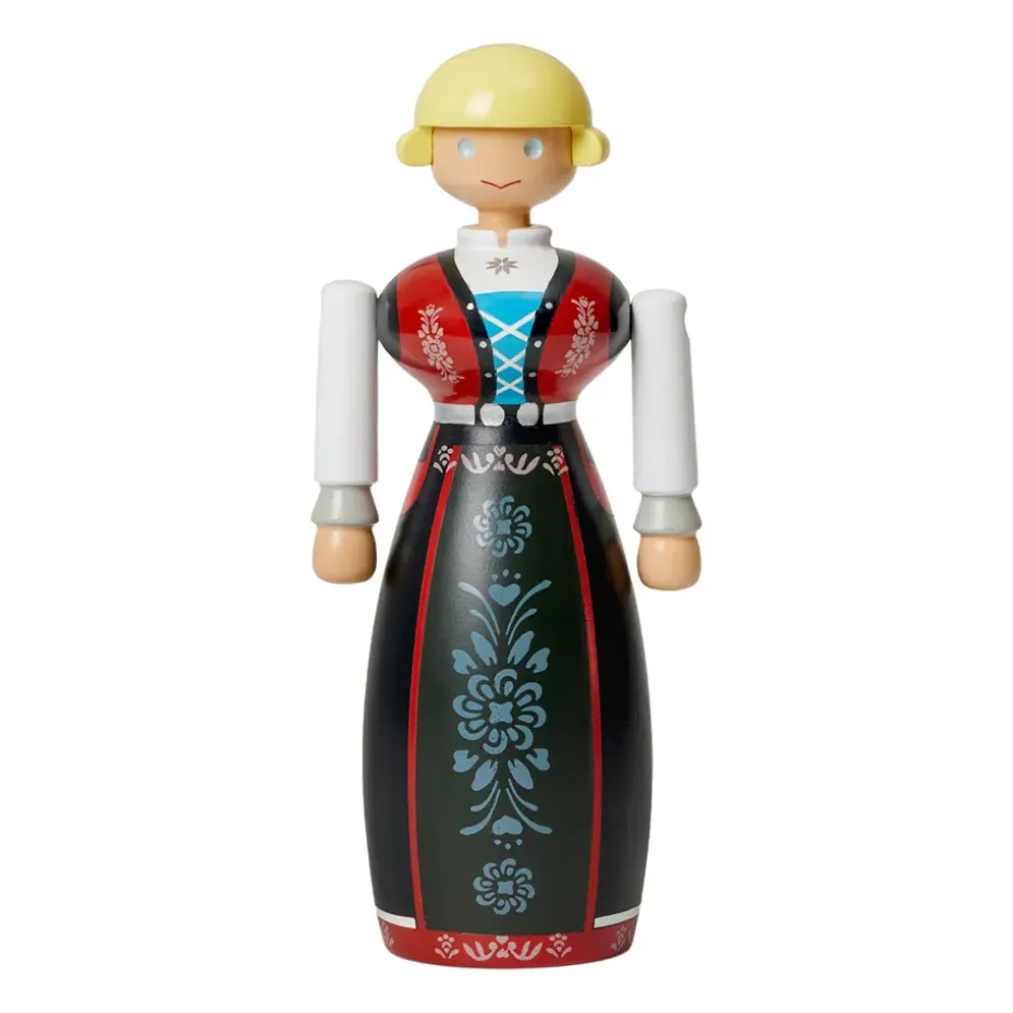 Kay Bojesen mujer en traje folclórico noruego, negro-rojo-blanco